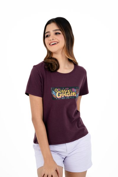 Positive Vibes Printed Crew Neck T-shirt - A51 Plum Wine