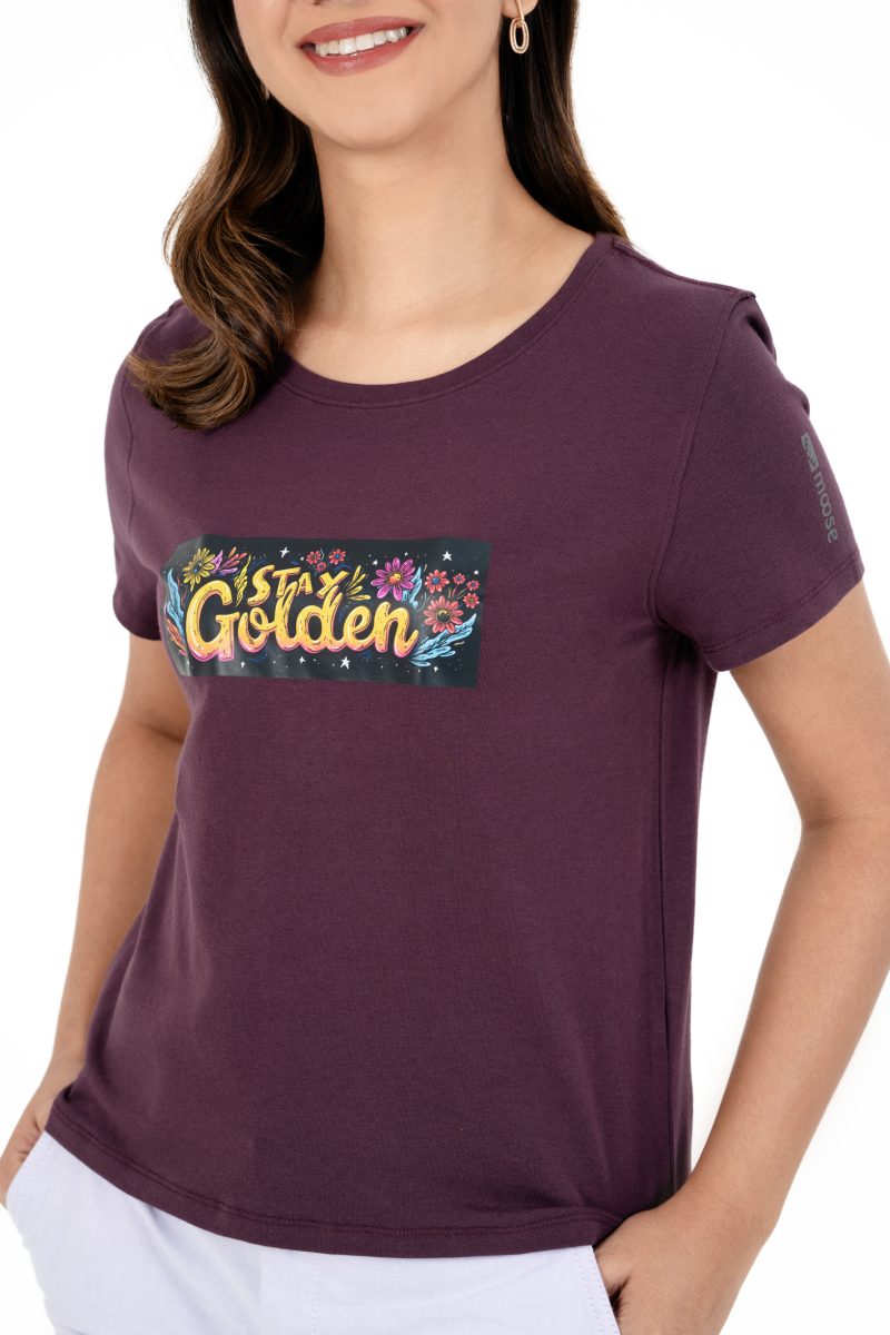 Positive Vibes Printed Crew Neck T-shirt - A51 Plum Wine - Image 2