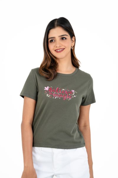 Positive Vibes Printed Crew Neck T-shirt - A54 Charcoal Forest