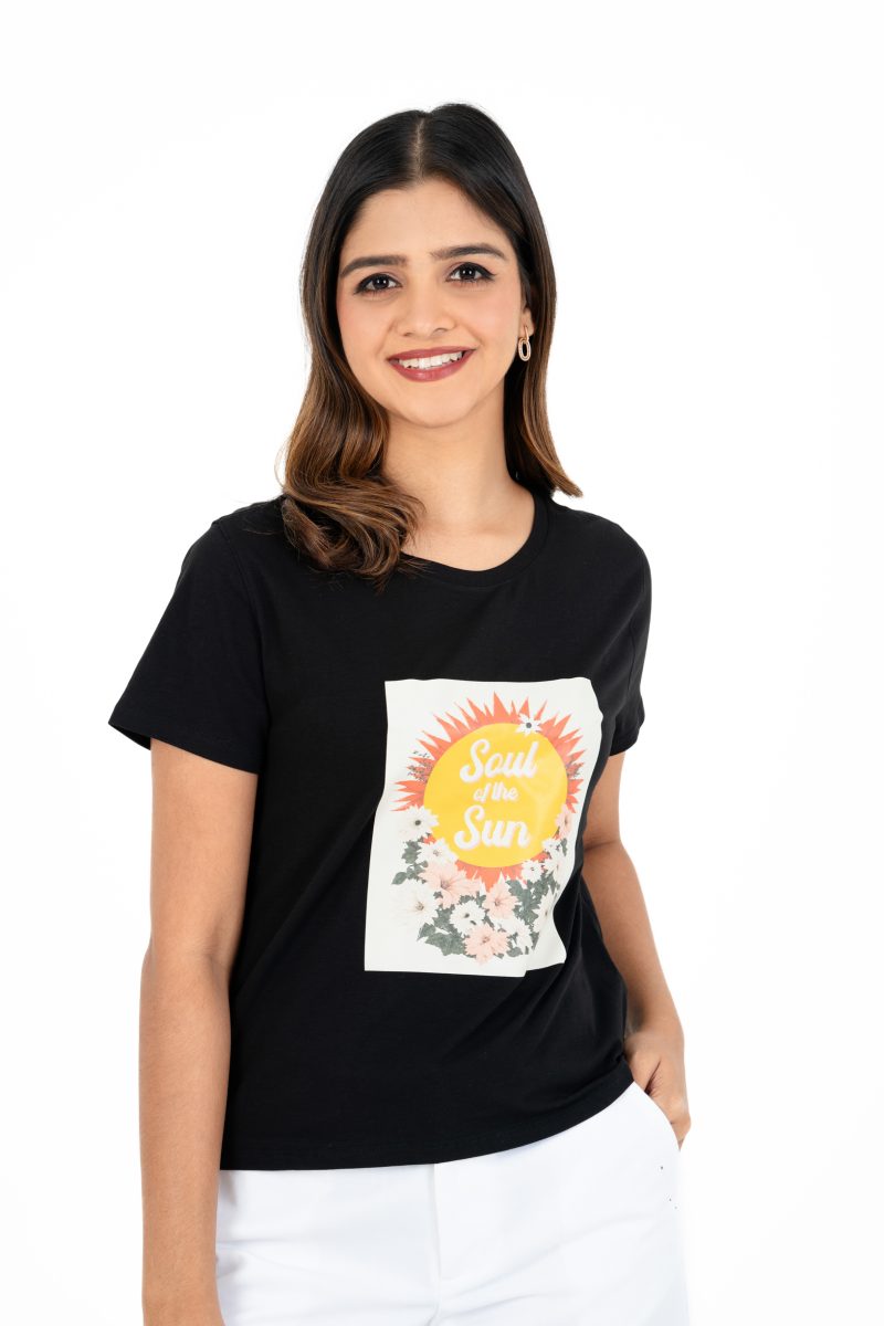 Boho Bliss Printed Crew Neck T-shirt - A5 Black