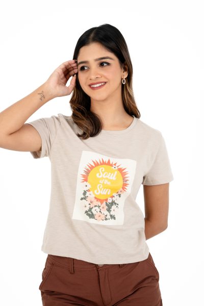 Boho Bliss Printed Crew Neck T-shirt - A5 Sand